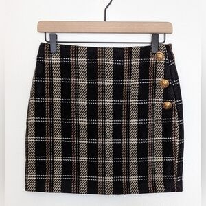 Juliana's Plaid Black Tan Camel Preppy Mini Skirt Gold Button Size Small